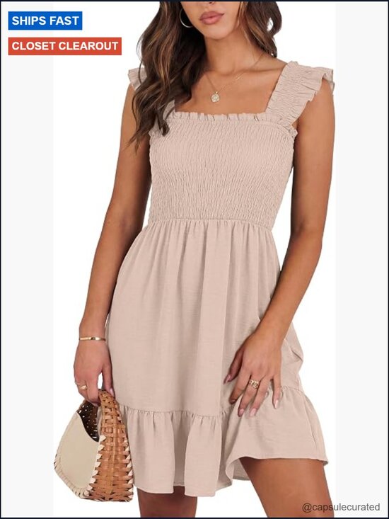 Dresses & Skirts - Sleeveless Square Neck Sun Dress Smocked Ruffle Backless Boho Short Dress
